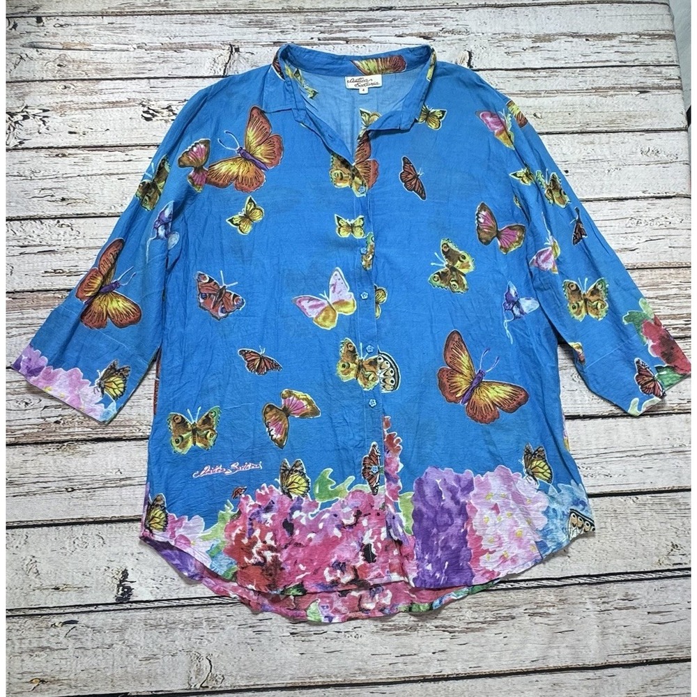 Antica Sartoria Blue Lightweight Cotton Button Down Butterfly Floral Shirt Sz 4